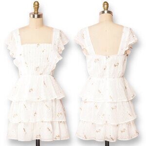 Adelyn Rae White Gold Embroidered Swiss Dot Tiered Ruffle Mini Dress Size L NEW!